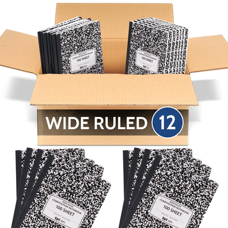 EPI Marble Hardcover Wide Ruled Composition Notebook | 200 Pages (100 Sheets), 9.75 x 7.5 in, Sturdy Sewn Binding | School, Office, Journaling, Notes - 12 Pack - Image 1